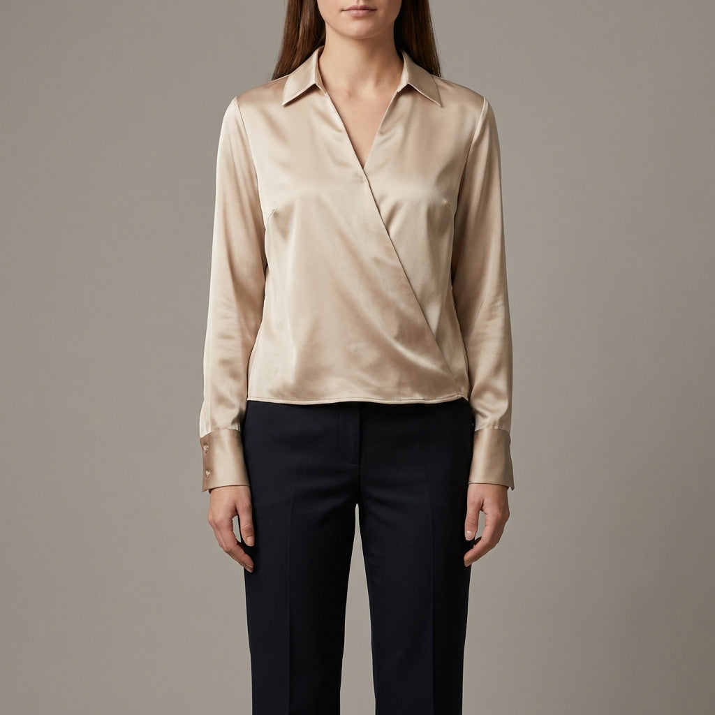 Saténová zavinovací halenka s dlouhým rukávem