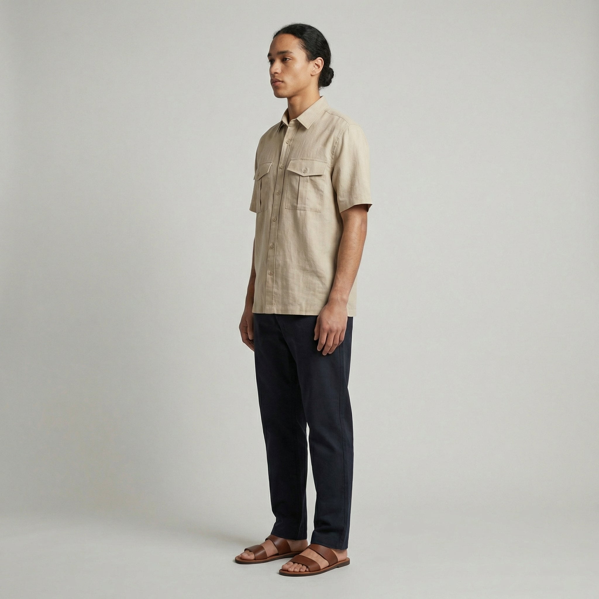 Lněná košile s krátkým rukávem a patkovými kapsami